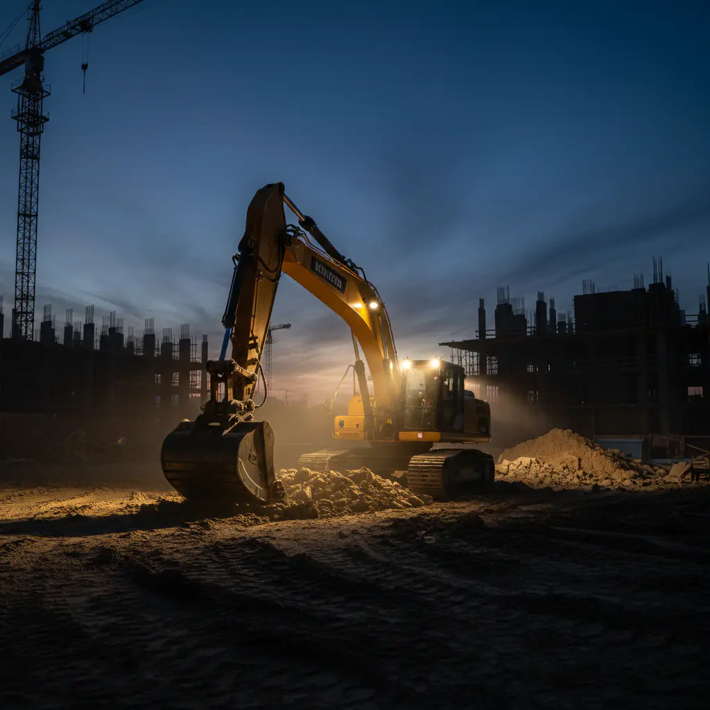 Heavy construction site at dusk